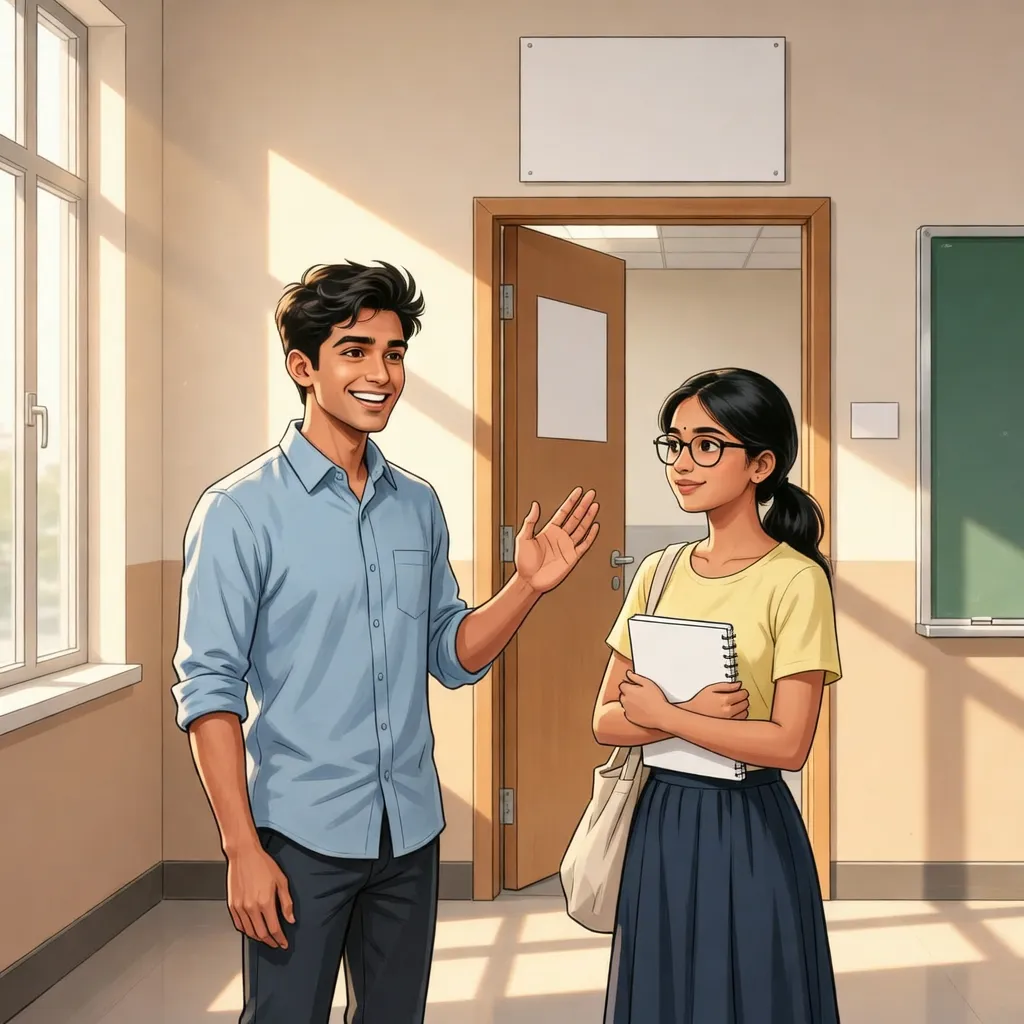 Two students meet outside their Chinese classroom